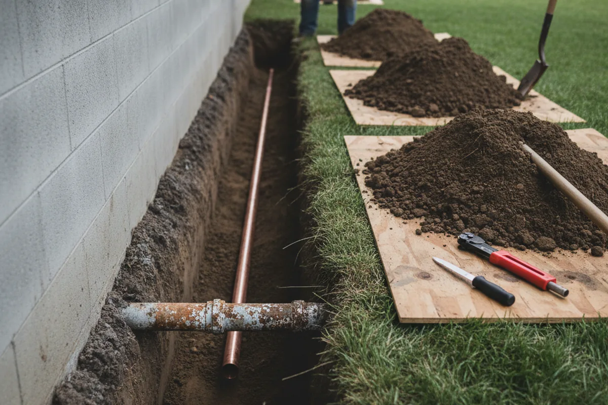 Excavated water line trench during Sewer Line Repair in La Place